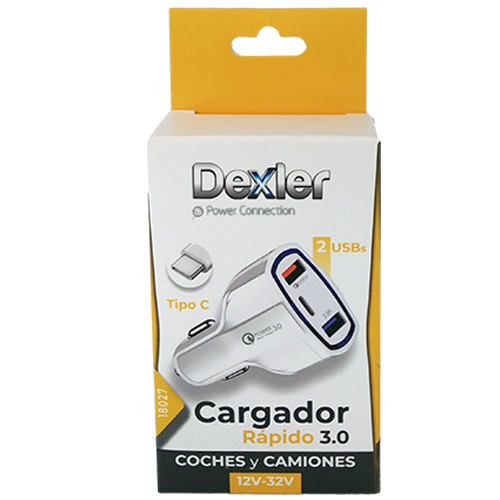 Ref. 30018027N Dexler Cargador Coche _ 2USB+TipoC 3.0 CargaRápida